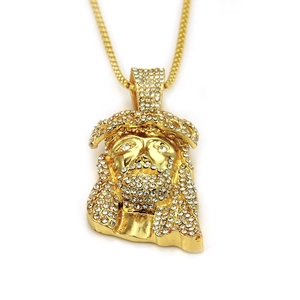 Hiphop Jesus Kopf Anhänger Halskette Gold plattiert mit weißen Zirkonia Steinen besetzt