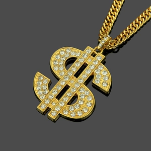 Collier hip hop homme avec pendentif dollar doré serti de cristaux et grosse chaîne cubaine