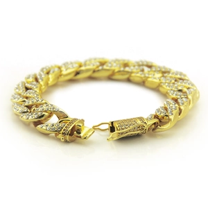 Men's hip-hop gold Miami Cuban link bracelet with micro-pave crystals on white background