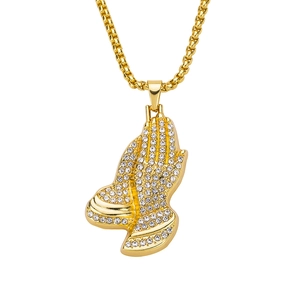 Collier Pendentif Mains en Prière Hip Hop pour Hommes en Alliage Strass Iced Out Chaîne Vénitienne Plaqué Or Argent Bijoux