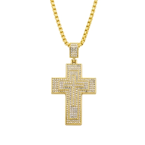 Hip hop gold plated double layered cross pendant necklace with sparkling clear rhinestones