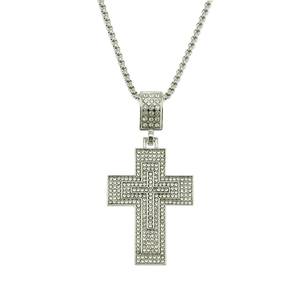 Luxurious hip hop silver cross pendant necklace with full iced out sparkling rhinestones