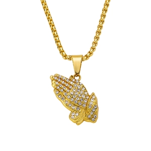 Hip Hop Praying Hands Pendant Necklace Alloy Inlaid Rhinestone Golden Jewelry Religious Prayer Hand Charm With Box Chain