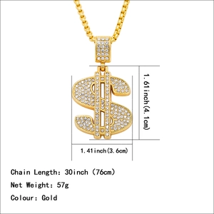 Iced out gold dollar sign necklace with rhinestones and 30 inch chain for hip hop style
