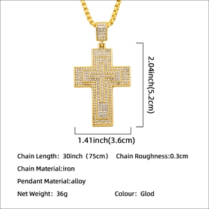 Gold plated hip hop Ankh cross pendant with rhinestones on a 30 inch long box chain