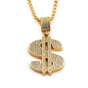 Hip hop gold dollar sign necklace with sparkling crystals and beaded chain