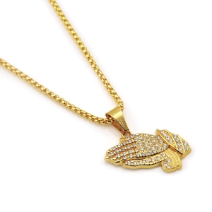 Iced out gold prayer hands pendant necklace with box chain and sparkling crystals