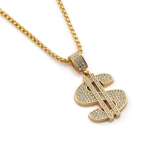 Hip hop gold plated dollar sign pendant necklace with iced out crystals and box chain