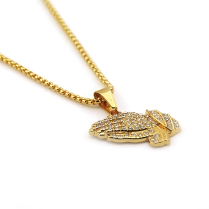 Golden hip hop praying hands pendant necklace with sparkling crystals on box chain
