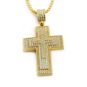 Triple layered gold Ankh cross pendant necklace with rhinestones and box chain