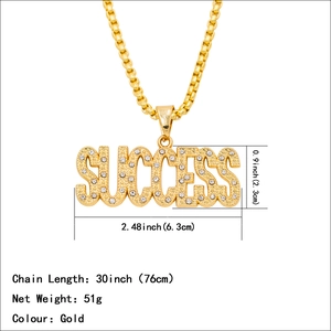 Hip hop gold plated SUCCESS letter pendant with iced out rhinestones on long bead chain