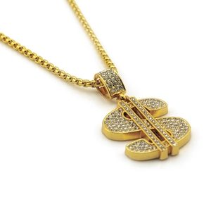Hip hop gold plated dollar sign pendant necklace with iced out crystals and box chain