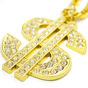 Collier hip hop plaqué or avec pendentif signe dollar et strass en zircone cubique