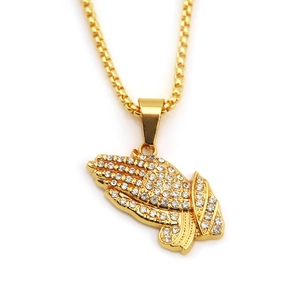 Hiphop gold plated praying hands pendant necklace with sparkling crystal rhinestones