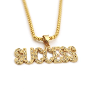 Hip hop success letter pendant necklace with gold plating and sparkling rhinestones