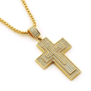 Hip hop gold cross pendant necklace with sparkling crystals and durable box chain