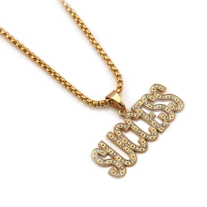 Hip hop gold SUCCESS letter pendant necklace with sparkling crystals on a box chain