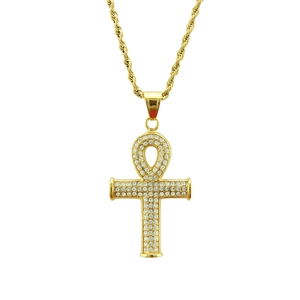 Collier Pendentif Croix Ânkh Égyptienne Vintage pour Hommes Femmes Plaqué Or Alliage de Zinc Strass Hip Hop Chaîne Corde Bijoux