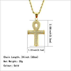 Collier Ankh hip hop doré avec cristaux et chaîne torsadée de 60cm pour hommes