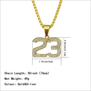 Collier hip-hop avec pendentif numéro 23 doré serti de strass et chaîne de type box
