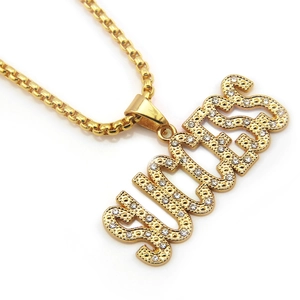 Hip hop gold necklace with SUCCESS letter pendant and pave crystal rhinestones for men