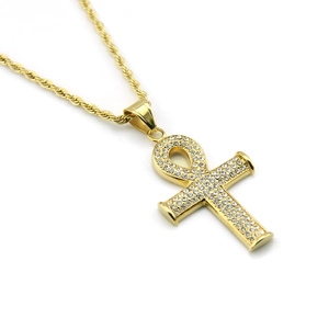 Collier pendentif clé croix Ankh or hip hop avec chaîne corde et strass brillants et élégants