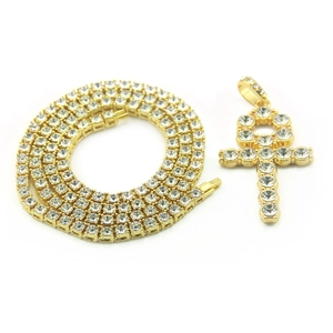 Hip Hop Ankh Cross Key Pendant Necklace Gold Silver Plated Iced Out Tennis Chain Alloy Rhinestone Jewelry For Men Women