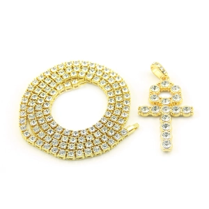 Hip hop gold plated tennis chain with iced out Ankh cross pendant on white background