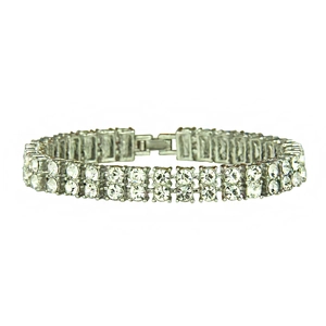 Mens double row crystal tennis bracelet with silver plating and secure fold-over clasp