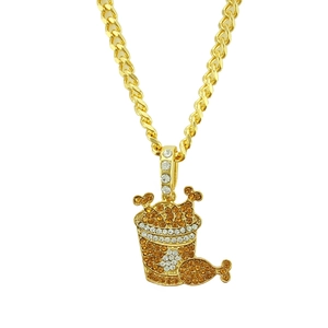 Collier à Pendentif Seau de Poulet Frit Doré Hip Hop Pour Hommes Femmes Strass Iced Out Alliage Chaîne Gourmette Bijoux