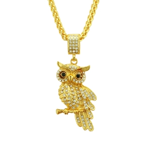 Collier Pendentif Hibou Hip Hop Punk pour Hommes Plaqué Or Argent Alliage de Zinc Strass Incrusté Bijoux Animaux Longue Chaîne