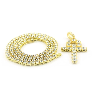 Hip hop gold Ankh cross pendant with sparkling rhinestone tennis chain necklace