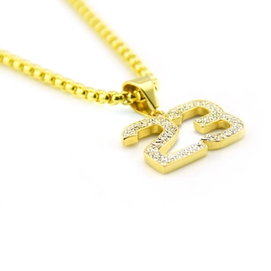 Collier hip hop avec pendentif numéro 23 doré, strass brillants et chaîne box