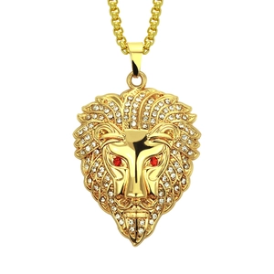 Hip Hop Löwenkopf Anhänger Halskette Für Herren Dominant Iced Out Strass Löwenmähne Rote Augen Legierung Box-Kette Punk Schmuck