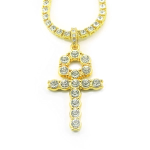 Hip hop style gold Ankh cross pendant necklace with sparkling crystal tennis chain