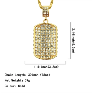 Hip hop style gold military dog tag pendant necklace with full rhinestones and box chain