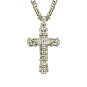 Hip hop silver cross pendant necklace with iced out crystals and heavy curb chain