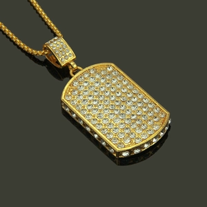 Gold iced-out square dog tag pendant necklace with round zircons on black mirror base