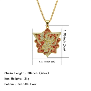Collier hip hop doré avec pendentif étoile rouge, caractères chinois et cristaux brillants