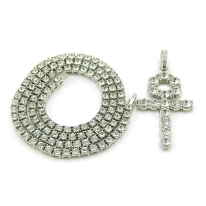 Hip hop silver tennis chain featuring a sparkling iced-out Ankh cross pendant