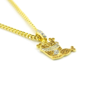 Collier avec pendentif seau de poulet doré serti de strass et chaîne à maillons cubains