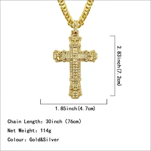 Hip hop gold and silver iced out cross pendant necklace with heavy cuban link chain