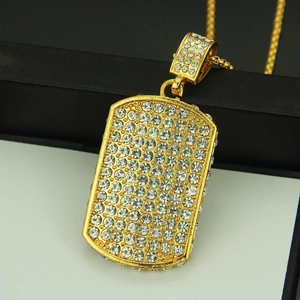 Luxury hip hop gold dog tag necklace with micro-paved rhinestones on bead chain