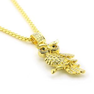 Collier pendentif hibou doré style hip hop avec cristaux blancs étincelants pour hommes