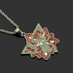 Pendentif hexagramme hip-hop avec émail rouge et cristaux blancs sur chaîne corde