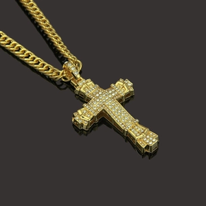 Hip hop gold plated 3D cross pendant necklace with rhinestones and thick cuban chain
