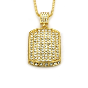 Hip hop gold plated rectangular dog tag necklace with full iced out crystal pavé