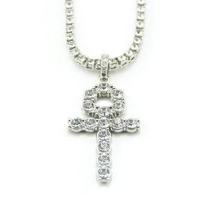 Silver hip hop ankh cross pendant necklace with iced out tennis chain for men and women
