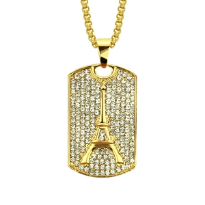 Hip hop style gold Eiffel Tower pendant necklace with sparkling crystal inlay on box chain