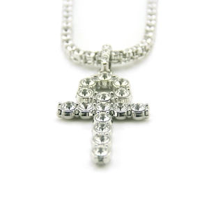 Hip hop silver Ankh cross pendant necklace with iced out tennis chain for men and women
